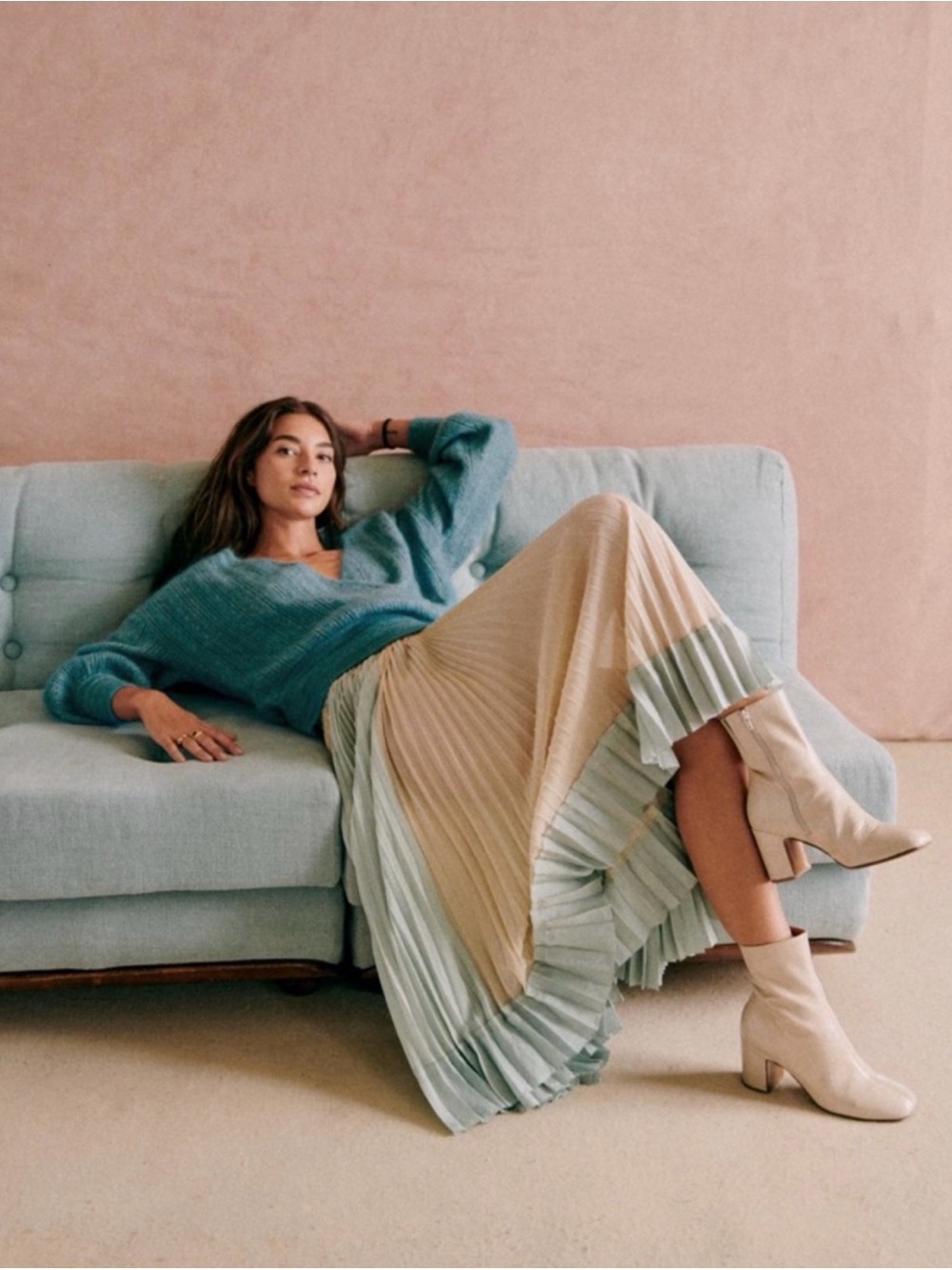 Sezane Cristina Teal V-Back Ribbed Wrap Sweater